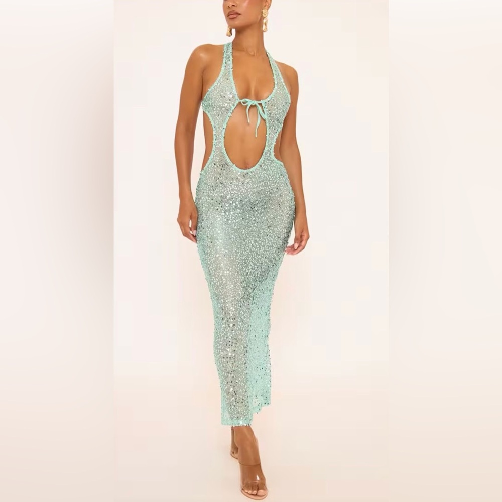 EGO shores plunge tie front cut out maxi beach dress - Picture 1 of 5